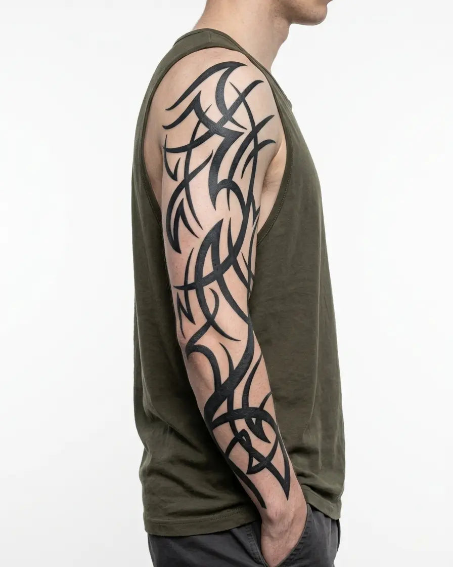 Tatuaggio semi-permanente INKON Tribal Thorns applicato su un uomo – design 8 x 20 in (20x50cm), aspetto realistico dell'inchiostro, dura 10 giorni