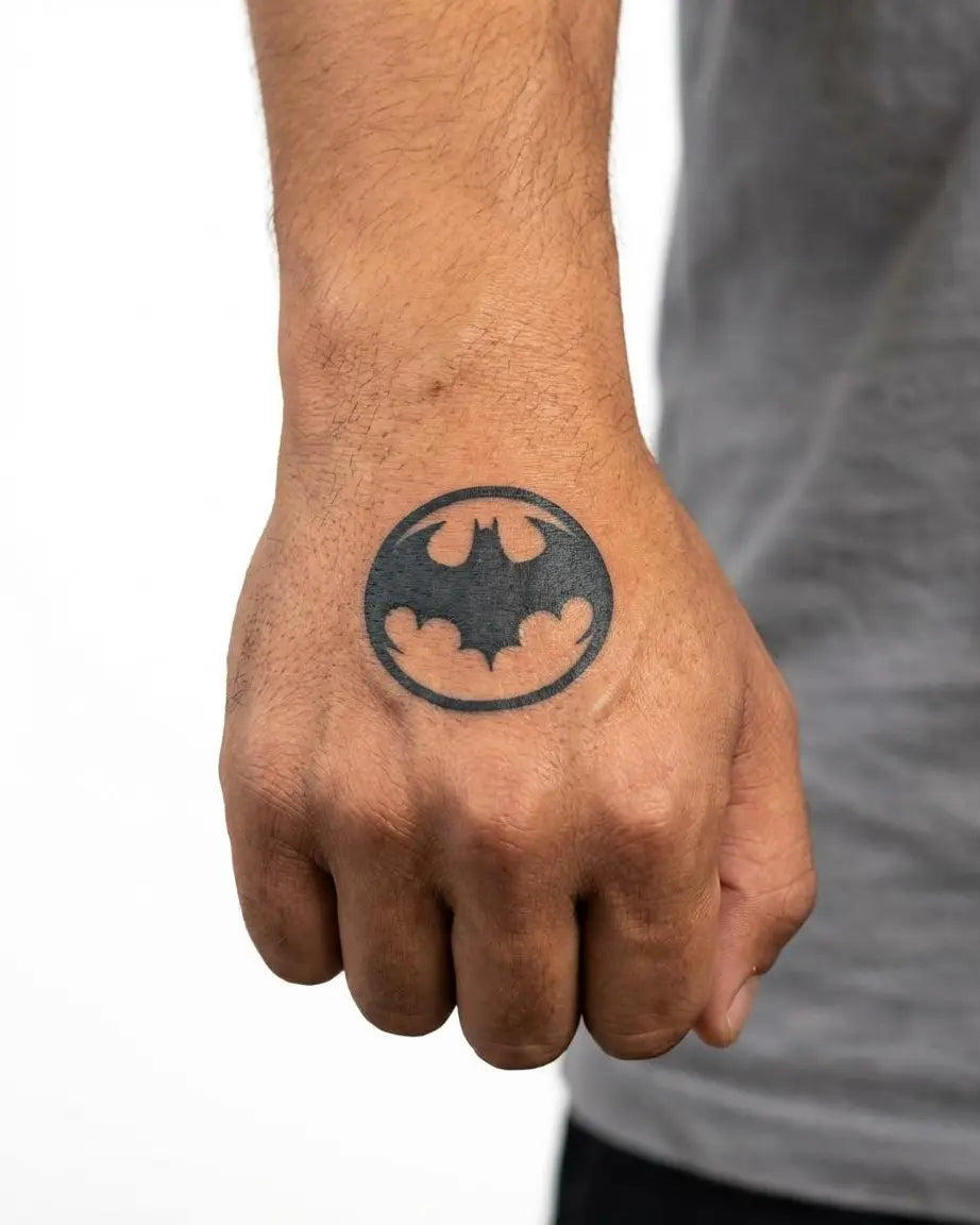 Tatuaggio semi-permanente INKON Bat Signal applicato su un uomo – design 2 x 2 in (5x5cm), aspetto realistico dell'inchiostro, dura 10 giorni