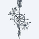 Design del tatuaggio semi-permanente Floral Compass & Arrow di INKON – illustrazione nautica, bussola, freccia, fiore, fiori, 3 x 4 in (6x11cm), disponibile su inkon.co