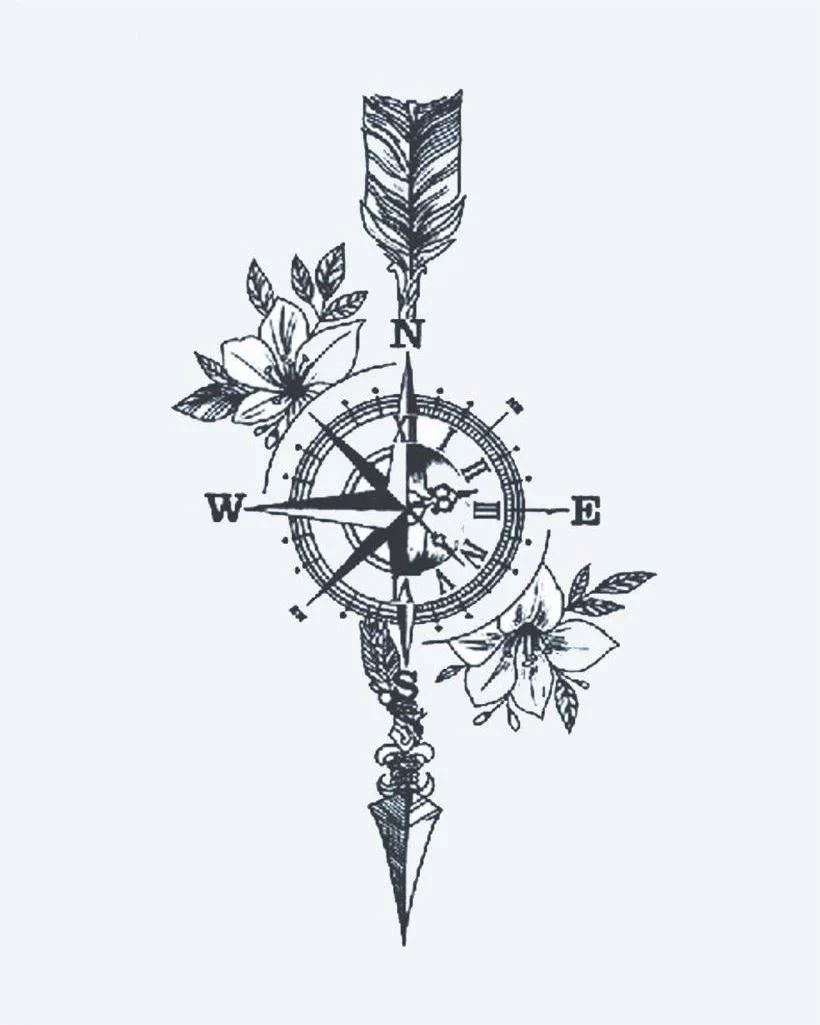 Design del tatuaggio semi-permanente Floral Compass & Arrow di INKON – illustrazione nautica, bussola, freccia, fiore, fiori, 3 x 4 in (6x11cm), disponibile su inkon.co