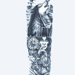Design del tatuaggio semi-permanente Howling Wolf & Forest Woman di INKON – illustrazione evocativo, manica, intera, ulula, lupo, 8 x 20 in (20x50cm), disponibile su inkon.co