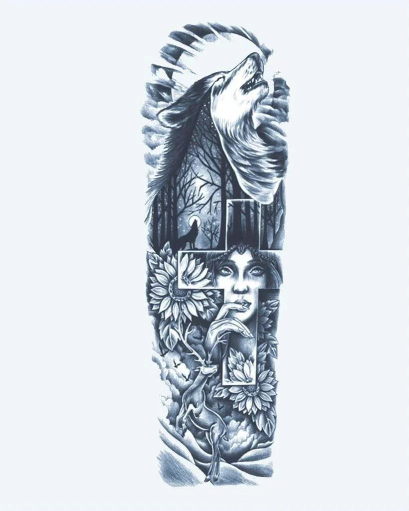 Design del tatuaggio semi-permanente Howling Wolf & Forest Woman di INKON – illustrazione evocativo, manica, intera, ulula, lupo, 8 x 20 in (20x50cm), disponibile su inkon.co