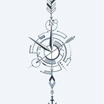 Design del tatuaggio semi-permanente Bussola e Freccia Nautica di INKON – illustrazione minimalista, bussola, freccia, ancora, fine, 4 x 7 in (10x17cm), disponibile su inkon.co