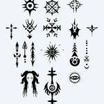 Design del tatuaggio semi-permanente Mystic Symbols Collection di INKON – illustrazione foglio, mistici, occulti, simboli, tatuaggi, 3 x 4 in (7x10cm), disponibile su inkon.co
