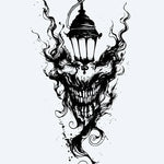 Design del tatuaggio semi-permanente Lanterna del Demone di INKON – illustrazione sinistro, teschio, volto, demone, fonde, 4 x 7 in (10x17cm), disponibile su inkon.co