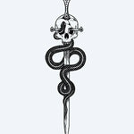 Design del tatuaggio semi-permanente Serpent & Skull Dagger di INKON – illustrazione blackwork di serpente avvolto e pugnale che trafigge un teschio, 4 x 7 in (10x17cm), disponibile su inkon.co