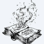 Design del tatuaggio semi-permanente Burning Spell Book di INKON – illustrazione aperto, antico, incantesimi, libro, mistici, 4 x 4 in (9x9cm), disponibile su inkon.co