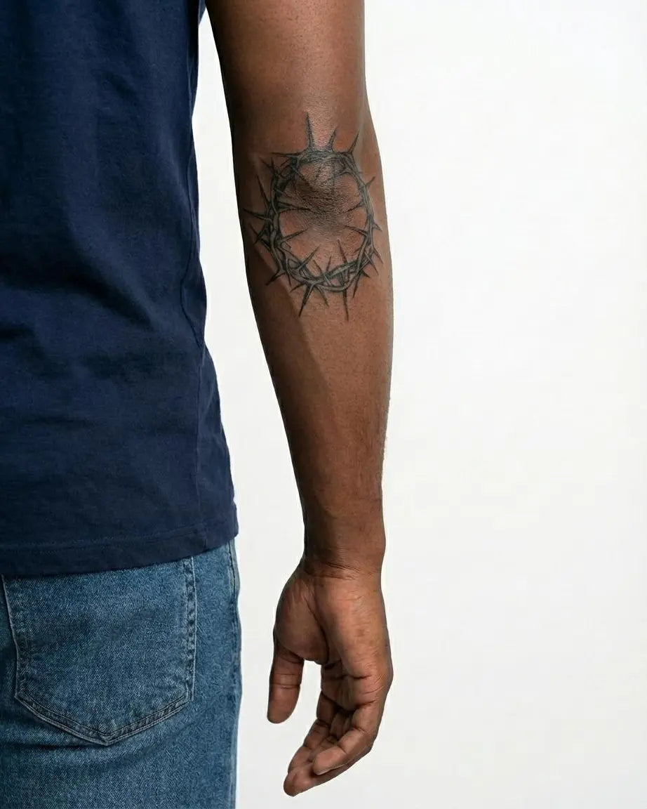 Tatuaggio semi-permanente INKON Corona di Spine applicato su un uomo – design 4 x 4 in (9x9cm), aspetto realistico dell'inchiostro, dura 10 giorni