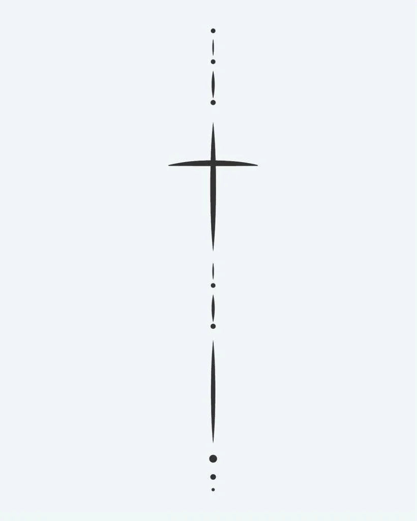 Design del tatuaggio semi-permanente Croce Minimalista e Punti di INKON – illustrazione delicata, fine, linea, croce, allungate, 4 x 7 in (10x17cm), disponibile su inkon.co