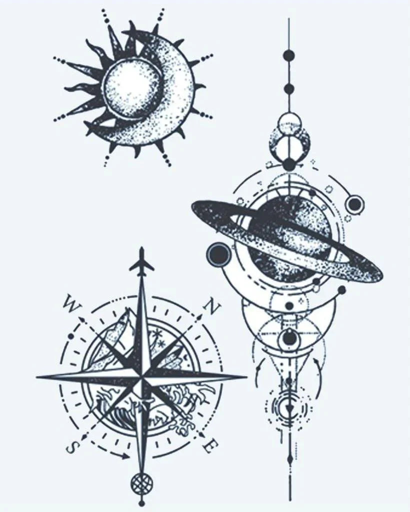 Design del tatuaggio semi-permanente Navigazione Cosmica di INKON – illustrazione celesti, design, bussola, rosa, montagne, 4 x 7 in (10x17cm), disponibile su inkon.co