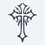 Design del tatuaggio semi-permanente Gothic Cross 3 di INKON – illustrazione gotica, croce, ornamentali, appuntiti, bordi, 2 x 2 in (5x5cm), disponibile su inkon.co