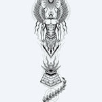Design del tatuaggio semi-permanente Egyptian Guardian Angel & Pyramid di INKON – illustrazione di splendida figura di guardiano alato egizio, 8 x 20 in (20x50cm), disponibile su inkon.co