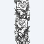 Design del tatuaggio semi-permanente Theater Masks, Roses & Skull di INKON – illustrazione espressivo, manica, intera, commedia, tragedia, 8 x 20 in (20x50cm), disponibile su inkon.co