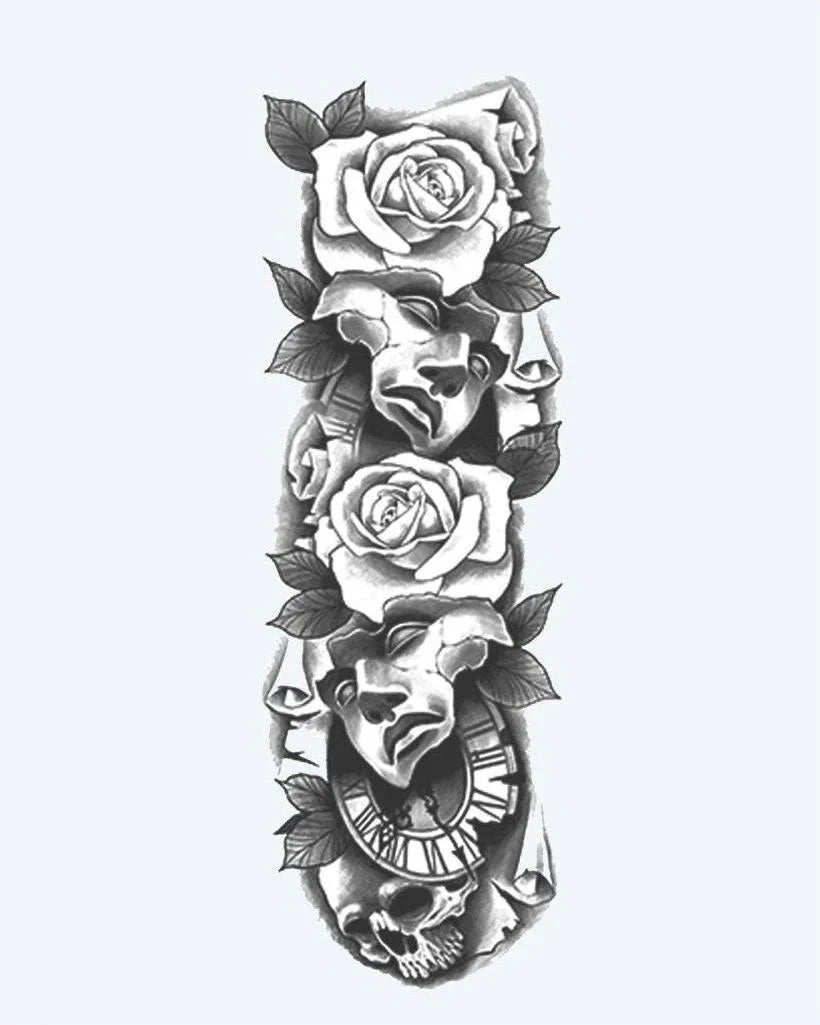 Design del tatuaggio semi-permanente Theater Masks, Roses & Skull di INKON – illustrazione espressivo, manica, intera, commedia, tragedia, 8 x 20 in (20x50cm), disponibile su inkon.co