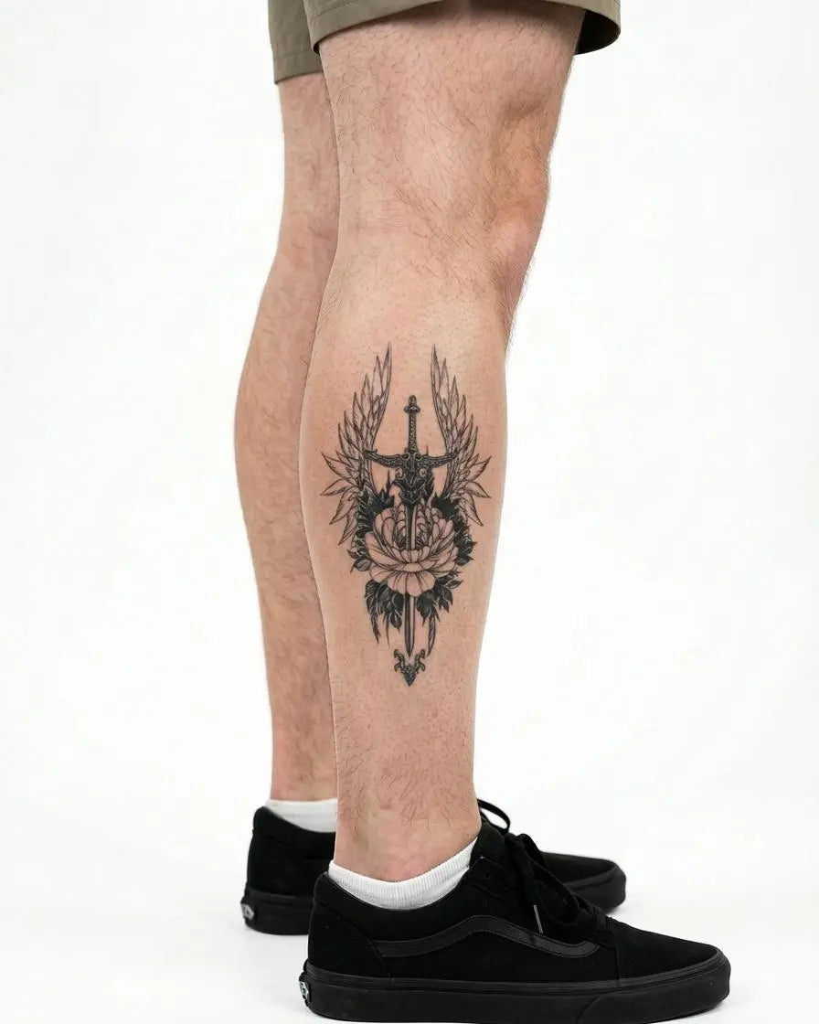 Tatuaggio semi-permanente INKON Spada Alata e Peonia applicato su un uomo – design 4 x 7 in (10x17cm), aspetto realistico dell'inchiostro, dura 10 giorni