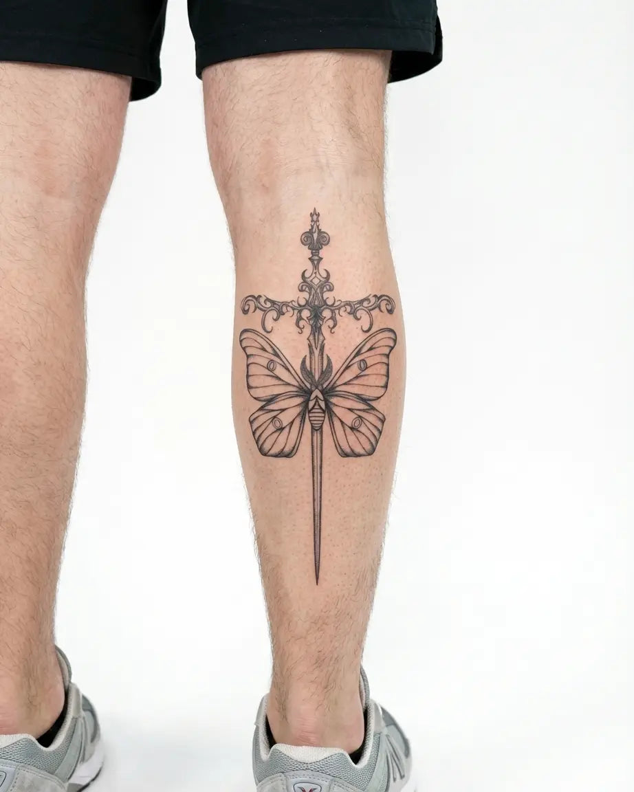 Tatuaggio semi-permanente INKON Moth & Ornate Dagger applicato su un uomo – design 4 x 8 in (11x21cm), aspetto realistico dell'inchiostro, dura 10 giorni
