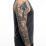 Tatuaggio semi-permanente INKON Eye, Clock & Cathedral Sleeve applicato su un uomo – design 8 x 20 in (20x50cm), aspetto realistico dell'inchiostro, dura 10 giorni