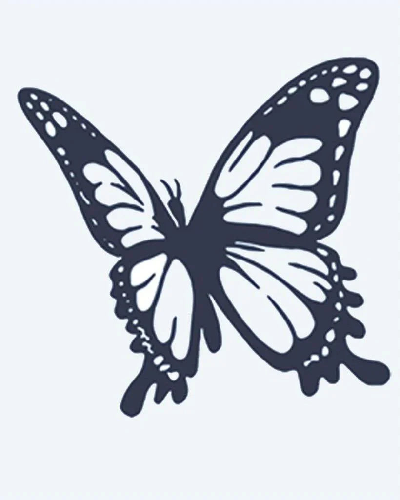 Design del tatuaggio semi-permanente Monarch Butterfly di INKON – illustrazione di delicata farfalla monarca in volo con ali, 2 x 2 in (5x5cm), disponibile su inkon.co