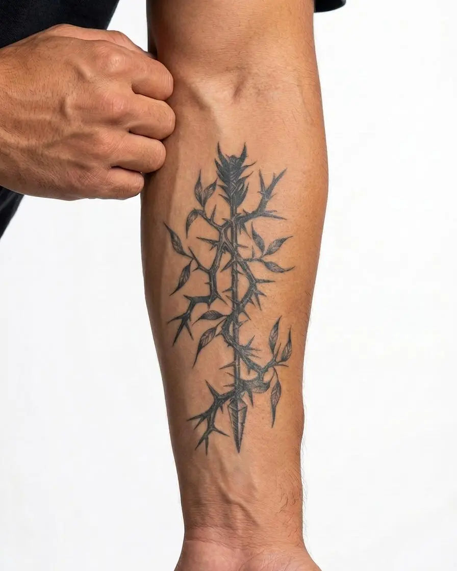 Tatuaggio semi-permanente INKON Ramo Spinoso applicato su un uomo – design 4 x 7 in (10x17cm), aspetto realistico dell'inchiostro, dura 10 giorni