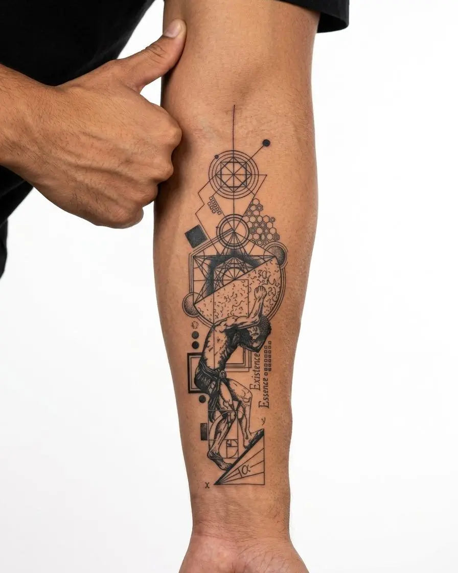 Tatuaggio semi-permanente INKON Atlas & Sacred Geometry applicato su un uomo – design 4 x 8 in (11x21cm), aspetto realistico dell'inchiostro, dura 10 giorni