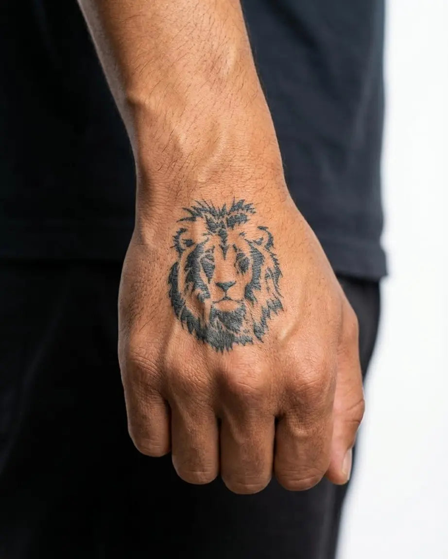 Tatuaggio semi-permanente INKON Lion Portrait applicato su un uomo – design 2 x 2 in (5x5cm), aspetto realistico dell'inchiostro, dura 10 giorni