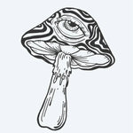 Design del tatuaggio semi-permanente Psychedelic Mushroom Eye di INKON – illustrazione allucinante, fungo, mistico, incastonato, vorticosi, 3 x 4 in (7x10cm), disponibile su inkon.co