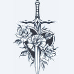 Design del tatuaggio semi-permanente Scudo con Spada e Rose di INKON – illustrazione pugnale, trafigge, attraverso, cuore, sagomato, 4 x 7 in (10x17cm), disponibile su inkon.co