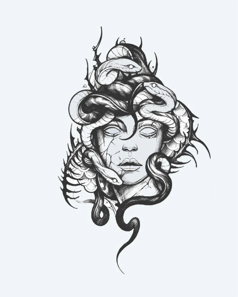 Design del tatuaggio semi-permanente Medusa di INKON – illustrazione inquietante, medusa, ritratto, intrecciati, serpenti, 4 x 7 in (10x17cm), disponibile su inkon.co