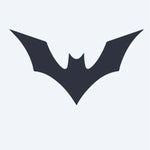 Design del tatuaggio semi-permanente Bat Silhouette di INKON – illustrazione silhouette, nette, angolari, ali, minimalista, 2 x 2 in (5x5cm), disponibile su inkon.co