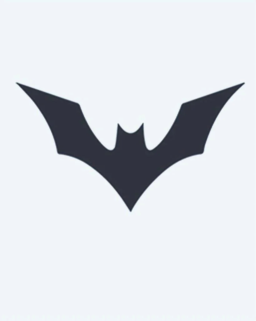 Design del tatuaggio semi-permanente Bat Silhouette di INKON – illustrazione silhouette, nette, angolari, ali, minimalista, 2 x 2 in (5x5cm), disponibile su inkon.co