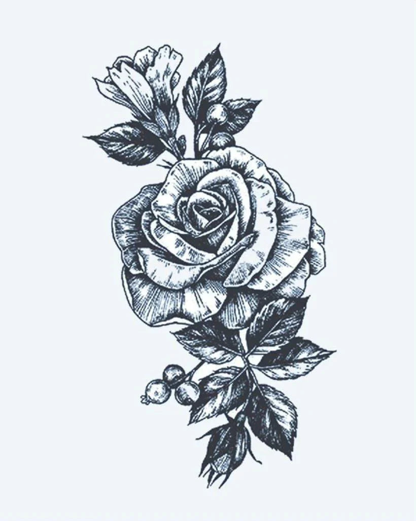 Design del tatuaggio semi-permanente Bouquet di Rose di INKON – illustrazione bellissima, rosa, fiore, circondata, boccioli, 4 x 7 in (10x17cm), disponibile su inkon.co