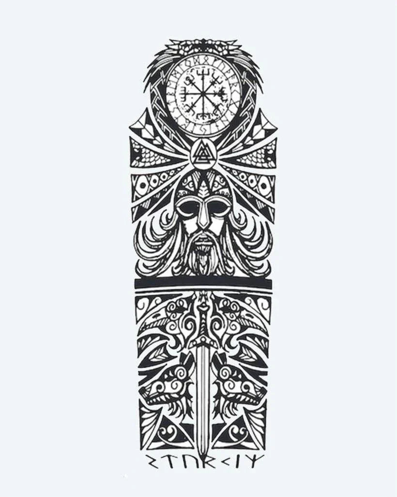 Design del tatuaggio semi-permanente Viking Odin & Runes di INKON – illustrazione norrena, mitologia, manica, intera, odino, 8 x 20 in (20x50cm), disponibile su inkon.co