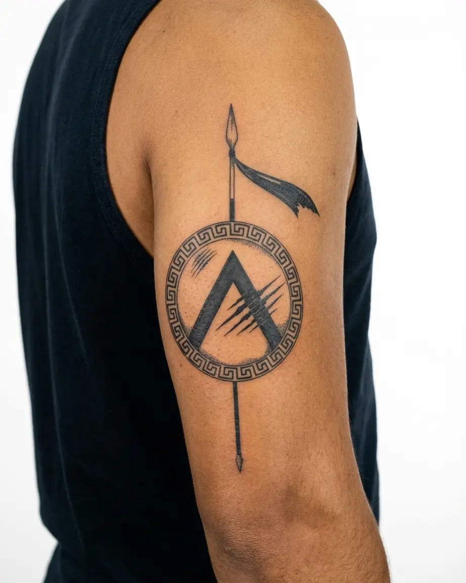 Tatuaggio semi-permanente INKON Spartan Shield & Spear applicato su un uomo – design 4 x 7 in (10x17cm), aspetto realistico dell'inchiostro, dura 10 giorni