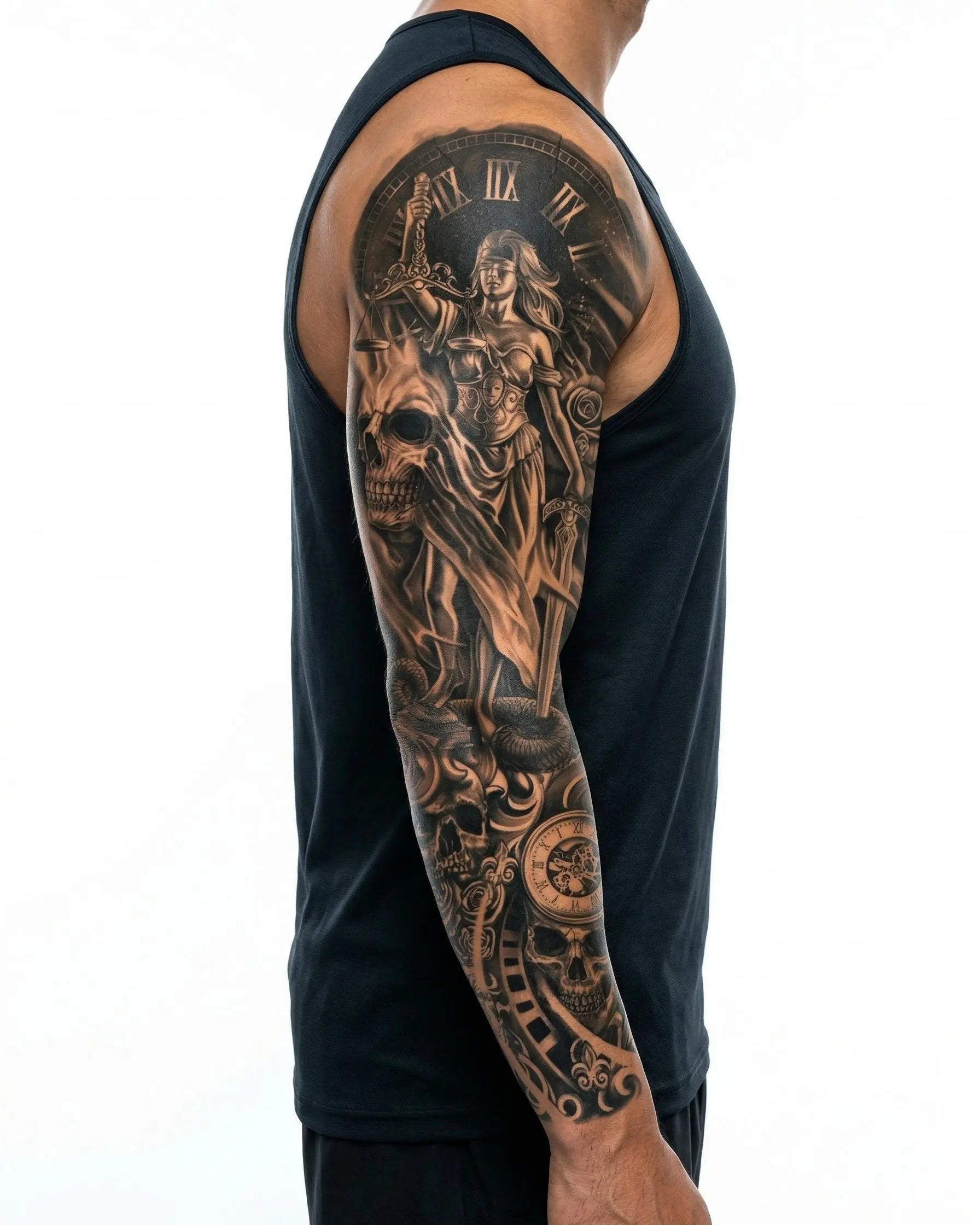 Tatuaggio semi-permanente INKON Lady Justice & Skulls applicato su un uomo – design 8 x 20 in (20x50cm), aspetto realistico dell'inchiostro, dura 10 giorni