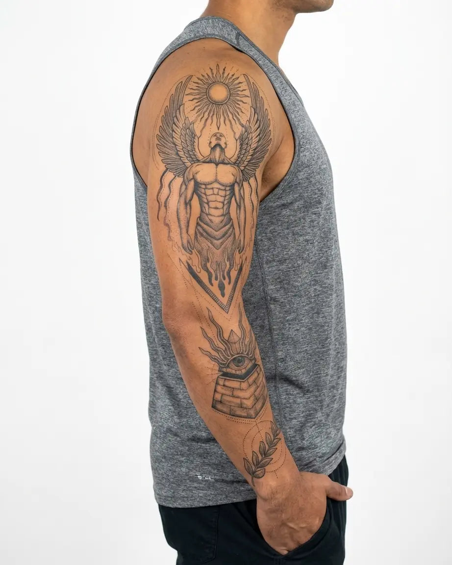 Tatuaggio semi-permanente INKON Egyptian Guardian Angel & Pyramid applicato su un uomo – design 8 x 20 in (20x50cm), aspetto realistico dell'inchiostro, dura 10 giorni