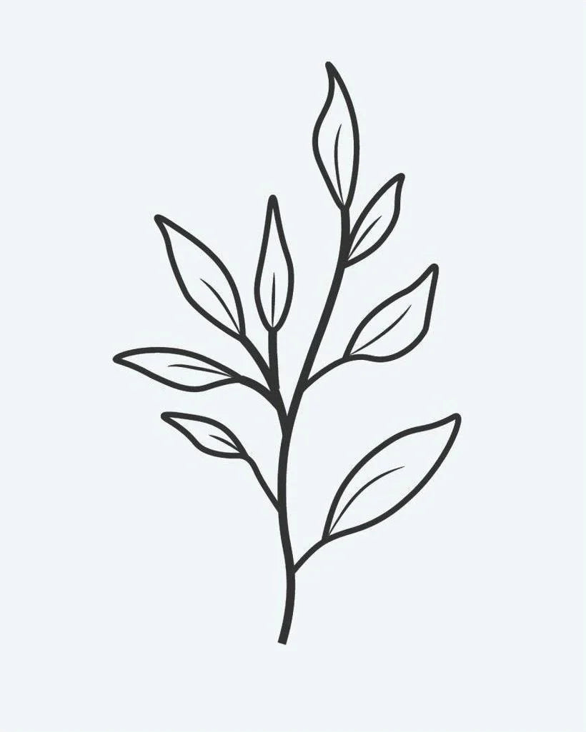 Design del tatuaggio semi-permanente Leaf Branch di INKON – illustrazione di elegante ramo botanico con più foglie, 2 x 2 in (5x5cm), disponibile su inkon.co