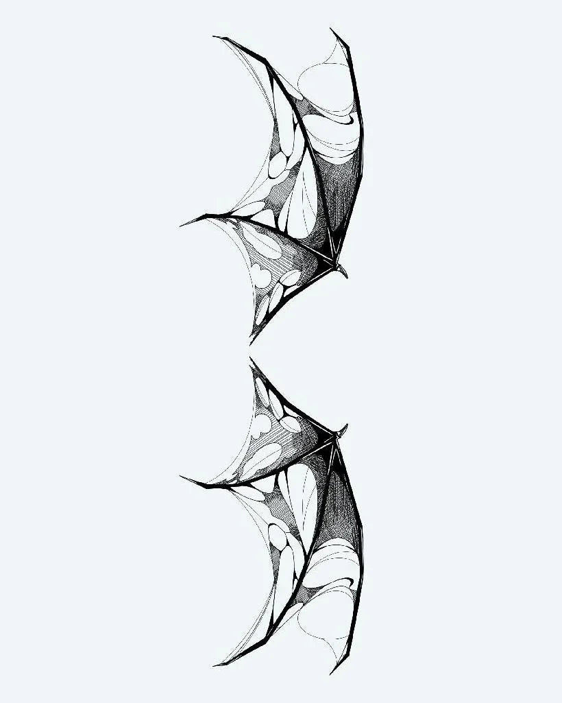 Design del tatuaggio semi-permanente Tattered Demon Wings di INKON – illustrazione blackwork di coppia di ali di pipistrello logore, 4 x 8 in (11x21cm), disponibile su inkon.co