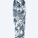 Design del tatuaggio semi-permanente Wolf & Forest Night di INKON – illustrazione manica, intera, ringhiante, lupo, luna, 8 x 20 in (20x50cm), disponibile su inkon.co