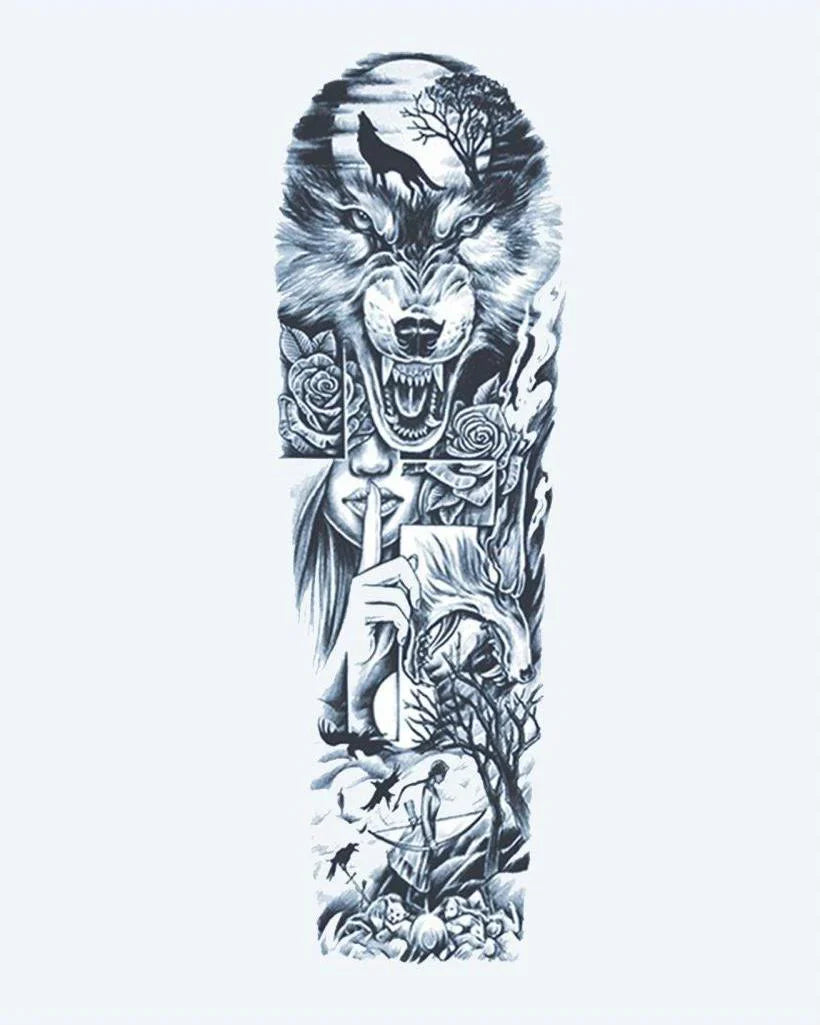 Design del tatuaggio semi-permanente Wolf & Forest Night di INKON – illustrazione manica, intera, ringhiante, lupo, luna, 8 x 20 in (20x50cm), disponibile su inkon.co