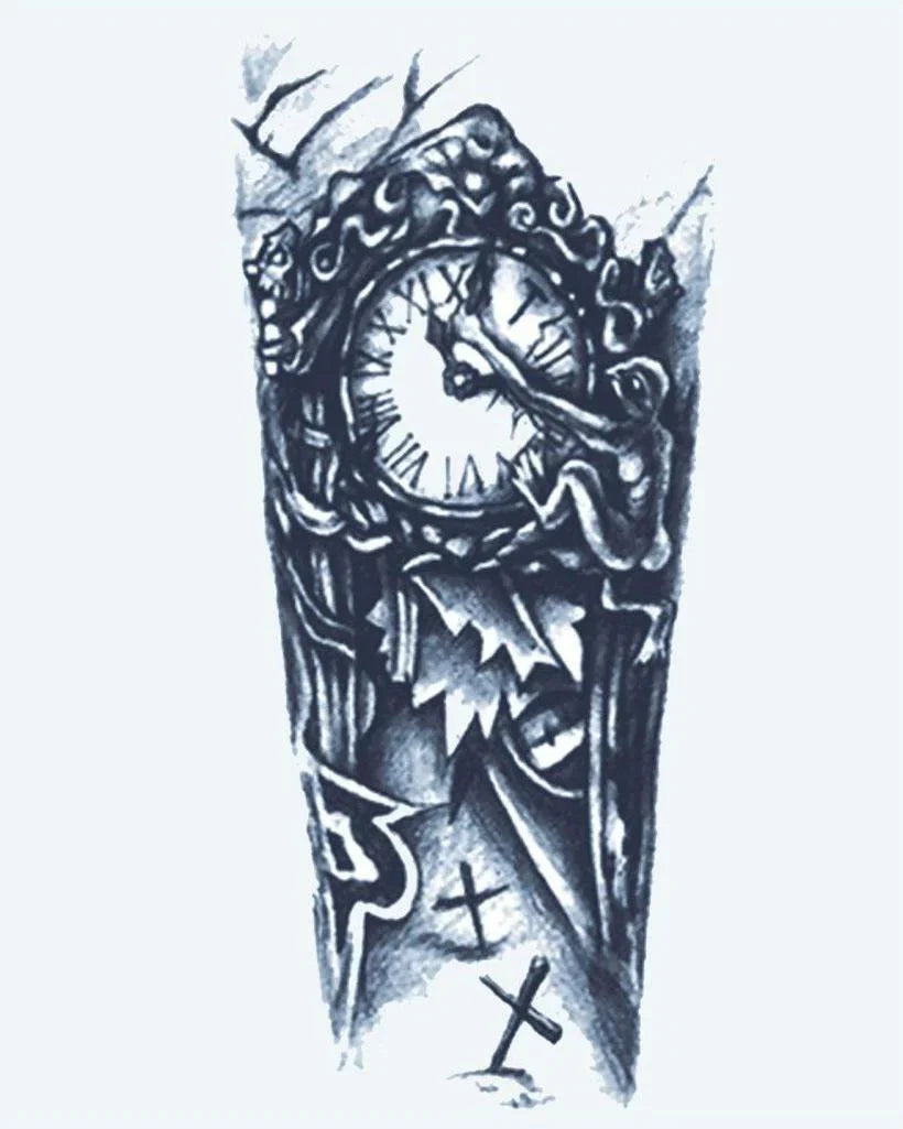 Design del tatuaggio semi-permanente Torre dell'Orologio Gotica di INKON – illustrazione dark, gotico, orologio, romani, numeri, 4 x 7 in (10x17cm), disponibile su inkon.co