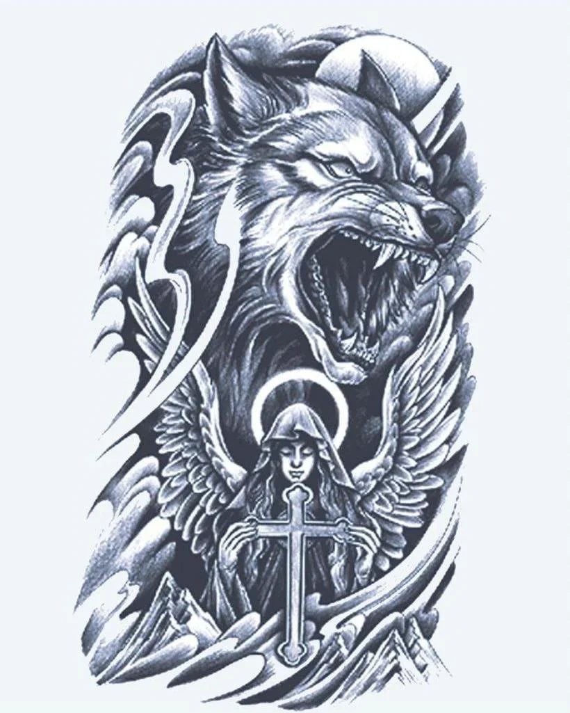 Design del tatuaggio semi-permanente Lupo e Angelo Custode di INKON – illustrazione ringhiante, lupo, sopra, custode, angelo, 4 x 7 in (10x17cm), disponibile su inkon.co