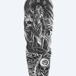 Design del tatuaggio semi-permanente Lady Justice & Skulls di INKON – illustrazione drammatico, manica, intera, dea, giustizia, 8 x 20 in (20x50cm), disponibile su inkon.co