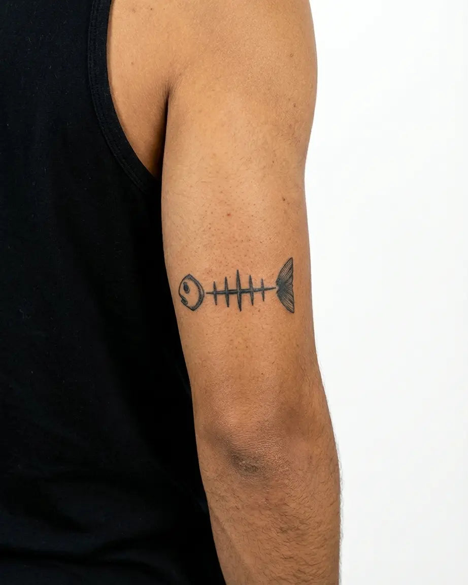 Tatuaggio semi-permanente INKON Minimalist Fish Skeleton applicato su un uomo – design 3 x 4 in (6x11cm), aspetto realistico dell'inchiostro, dura 10 giorni