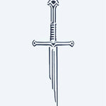 Design del tatuaggio semi-permanente Medieval Sword di INKON – illustrazione di elegante spadone medievale con impugnatura avvolta, 2 x 2 in (5x5cm), disponibile su inkon.co