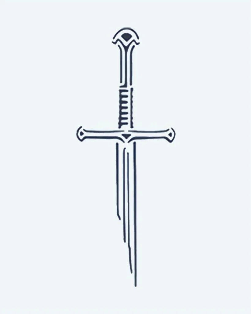 Design del tatuaggio semi-permanente Medieval Sword di INKON – illustrazione di elegante spadone medievale con impugnatura avvolta, 2 x 2 in (5x5cm), disponibile su inkon.co
