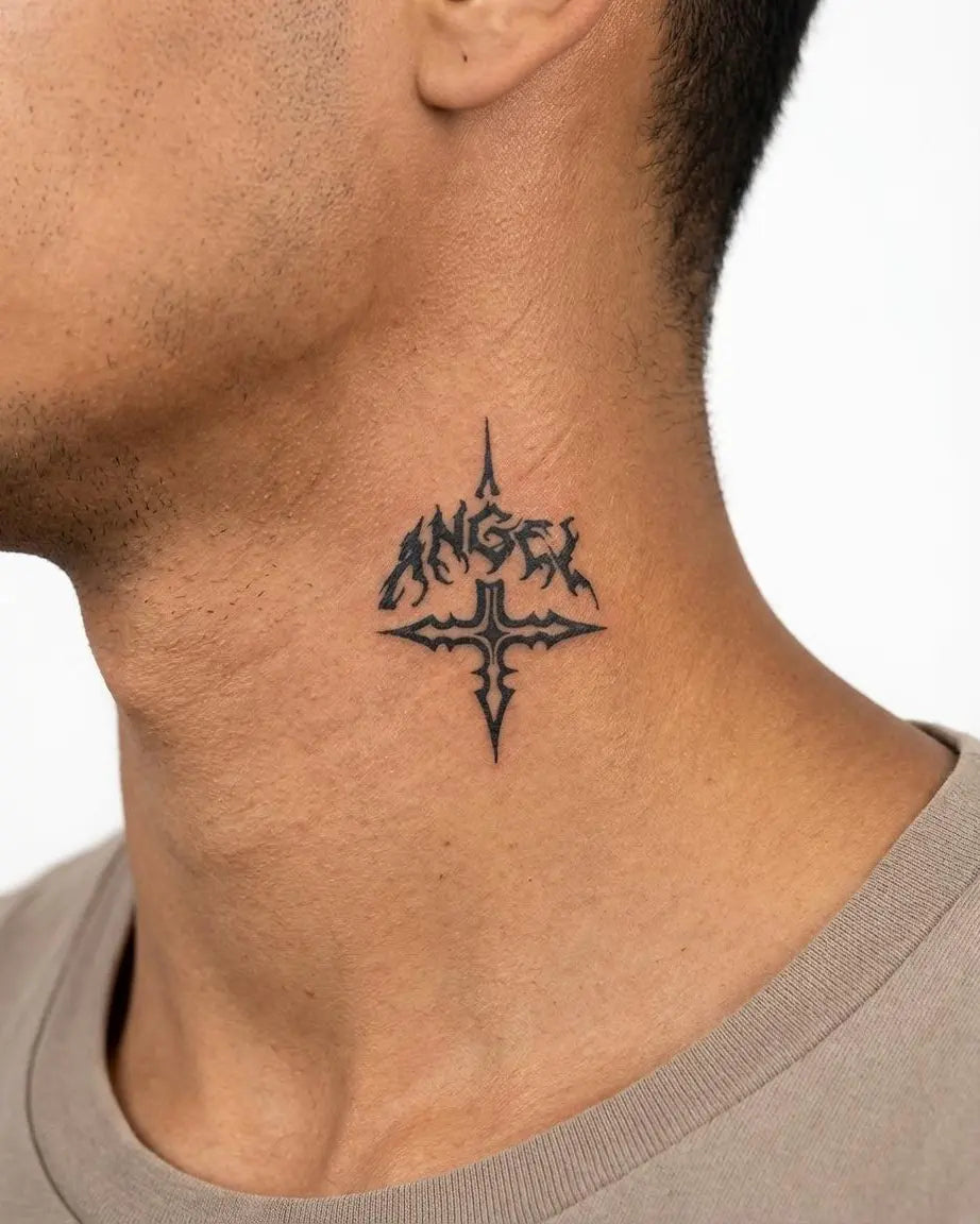 Tatuaggio semi-permanente INKON Angel Gothic Cross applicato su un uomo – design 2 x 2 in (5x5cm), aspetto realistico dell'inchiostro, dura 10 giorni
