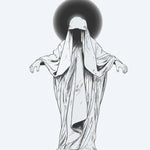 Design del tatuaggio semi-permanente Fantasma Velato di INKON – illustrazione misteriosa, ammantata, figura, velato, volto, 4 x 7 in (10x17cm), disponibile su inkon.co