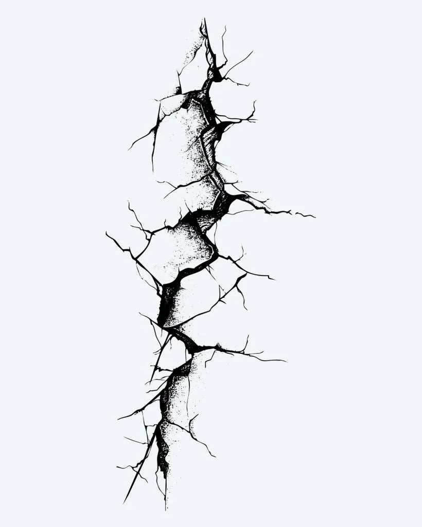 Design del tatuaggio semi-permanente Cracked Wall di INKON – illustrazione incrinata, rotta, muro, superficie, profonde, 4 x 8 in (11x21cm), disponibile su inkon.co
