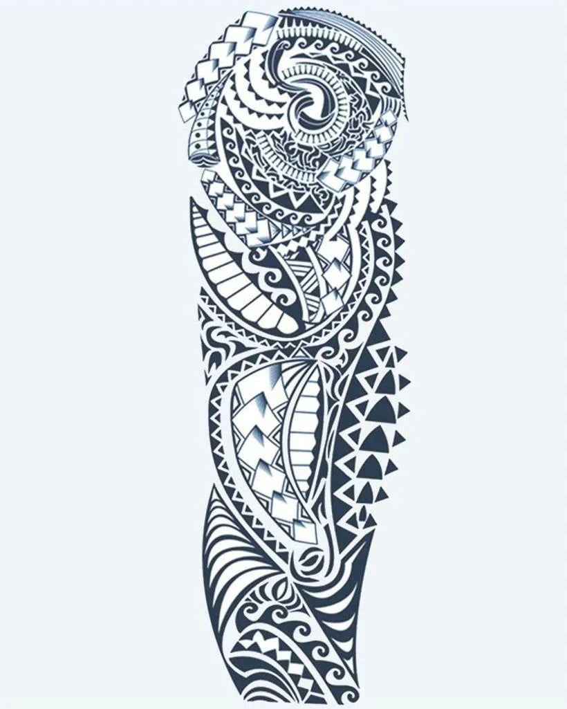 Design del tatuaggio semi-permanente Polynesian Tribal di INKON – illustrazione polinesiano, tribale, manica, intera, maori, 8 x 20 in (20x50cm), disponibile su inkon.co
