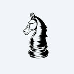 Design del tatuaggio semi-permanente Engraved Chess Knight di INKON – illustrazione in stile xilografia di cavallo degli scacchi, 2 x 2 in (5x5cm), disponibile su inkon.co
